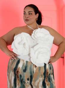 Pretty and Ole Top corto sin mangas, con cuello de atar, decoración floral, de punto acanalado y sin costuras para mujer de talla grande - Blanco - Ver 1