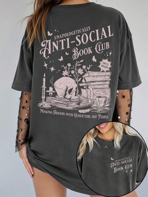 SHEIN EZwear Plus Size Casual Slogan Print Short Sleeve T-Shirt, Summer