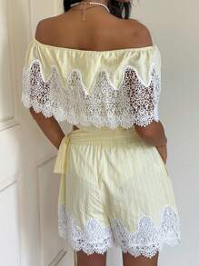 SHEIN EZwear Spitze Patchwork Kontrastfarben Knopfleiste Carmen-Ausschnitt Kurzarm Top - Gelb - Übersicht 2