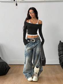 Coolane Women's Fall Y2K Concert Rave Going Out Black Slim Fit 2 In 1 Long Sleeve Top - Black - View 5