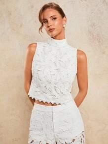 COSMINA 女士花卉蕾丝镂空立领简约无袖时尚衬衫，返校节，秋季服装