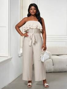 SHEIN PETITE CURVE Plus Size Women's Holiday Solid Color Ruffle Waist Tie Front Strapless Jumpsuit, Suitable For People Of Shorter Stature - Apricot - View 6