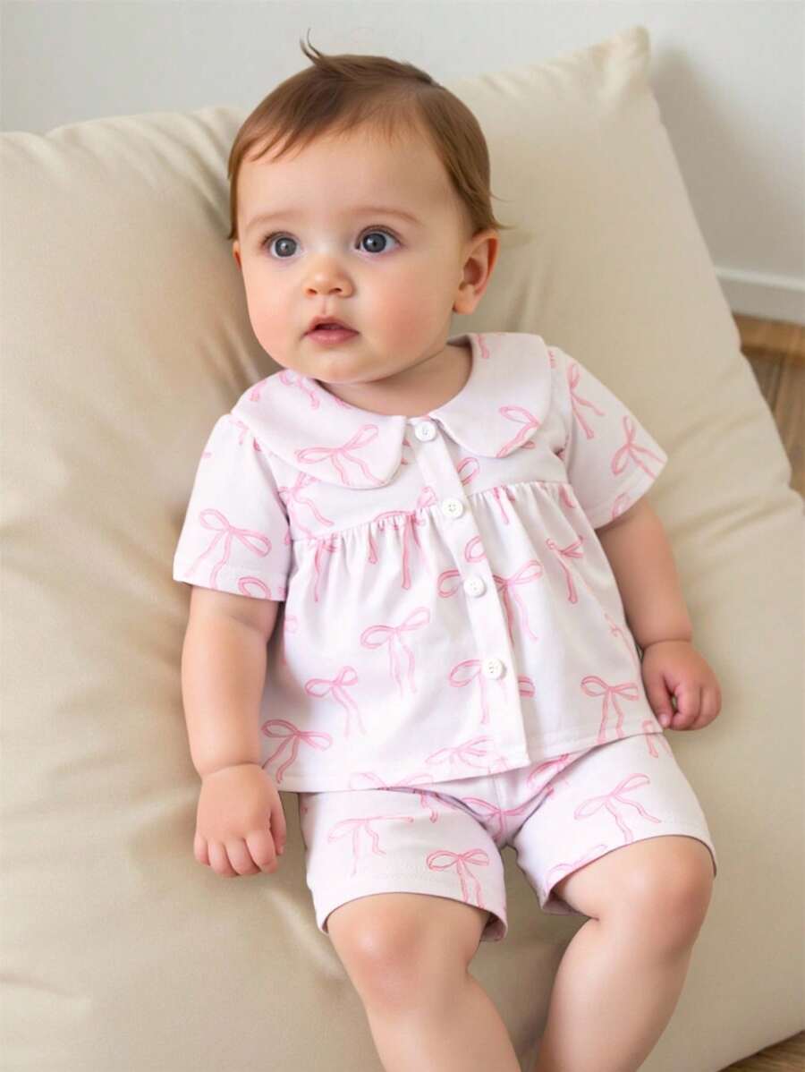 Souflis Souflis Baby Girls Summer Set Bow Allover Print Cute Ruffled Collar Blouse + Shorts - White - View 1