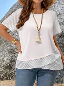 EMERY ROSE White Plus Size Casual Top With Mesh Short Sleeves And Round Neckline,Teacher Shirts - White - View 6