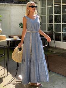 Livesso Waist Belt Sleeveless Round Neck Casual Vacation Dress For Women, Autumn