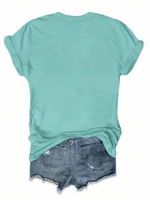 Women's Casual Slogan Print Round Neck T-Shirt, Summer - Dusty Blue - View 2