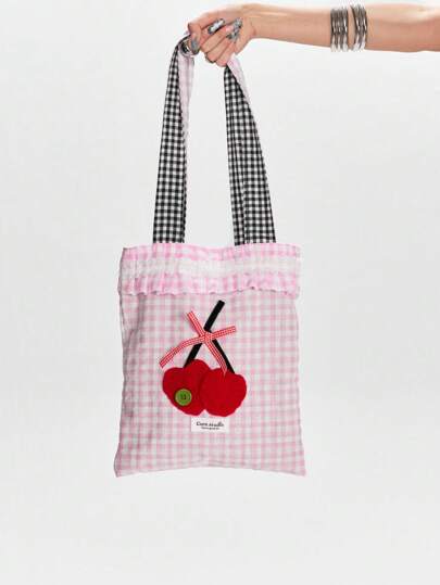 Kawaii 1pc Sweet & Cute Plaid Floral Cherry Pattern Bow Lace Splicing Reversible Shoulder Bag For Women, Suitable For Daily Commute, Shopping And More