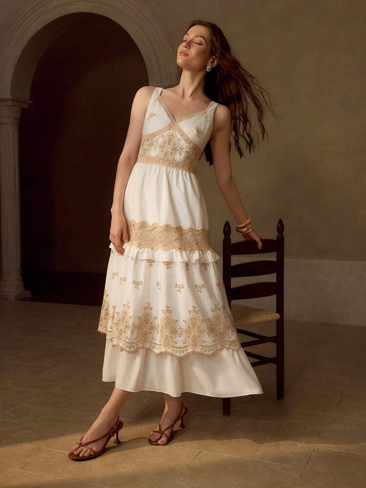 WOMEN'S COTTON EMBROIDERY CONTRAST LACE DRESS, SUMMER VACATION