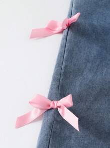 SHEIN ChillGRL 两件套女童蝴蝶结印花长袖T恤和3D蝴蝶结牛仔裤套装，休闲时尚，适合春秋冬季穿着。