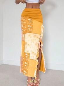 Chiquease Falda de mujer elegante para vacaciones, estilo bohemio, de tela de red con estampado y color liso con abertura - Amarillo - Ver 1