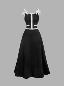 SHEIN MOD Women's Elegant Black And White Contrast Piping Bowknot Decor Waist Midi Slip Dress,Summer,Tea Party,Old Money Style,Business Professional Office Wear - Black and White - View 1