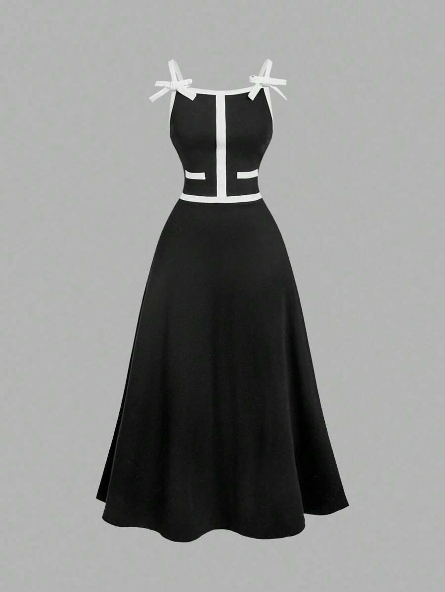 SHEIN MOD Women's Elegant Black And White Contrast Piping Bowknot Decor Waist Midi Slip Dress,Summer,Tea Party,Old Money Style,Business Professional Office Wear - Black and White - View 1