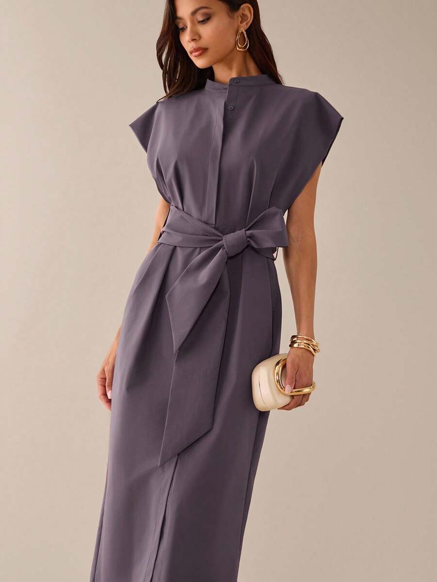 Lilora 灰色抗皱无袖衬衫裙，配有领带、腰带和口袋，适合度假、约会、街头、通勤、春夏季休闲装