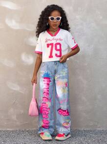 SHEIN 青少年女孩春夏街头服饰 Grunge Y2K 图案棒球衫 V 领 T 恤直筒裤两件套服装，两件套西装，短袖 + 直筒裤，仿牛仔布，79 号球衣，秋季返校 Y2K 街头服饰 Grunge