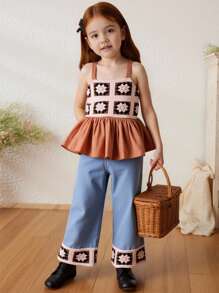 Set de top de tirantes de encaje vintage y pantalón vaquero largo para niña (talla pequeña), nueva vestimenta de estilo retro y popular para el verano