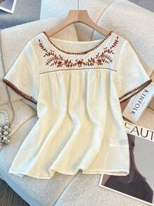 Florisole 女式夏季波西米亚风刺绣圆领短袖休闲杏色衬衫 - 杏色 - 查看 7