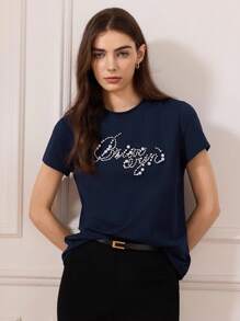 Briarwyn Women's Casual Round Neck Faux Pearl Beaded Alphabet Pattern Short Sleeve T-Shirt, Summer,Fall Women Clothes,Old Money Style Women,Vacation Outfits Woman - Navy Blue - View 2