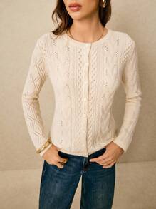 Poéselle Women's White Solid Front Button Hollow Casual Long Sleeve Thin Cardigan,Paris Brunch Style Sweaters,Autumn Winter Clothes For Women - Beige - View 7
