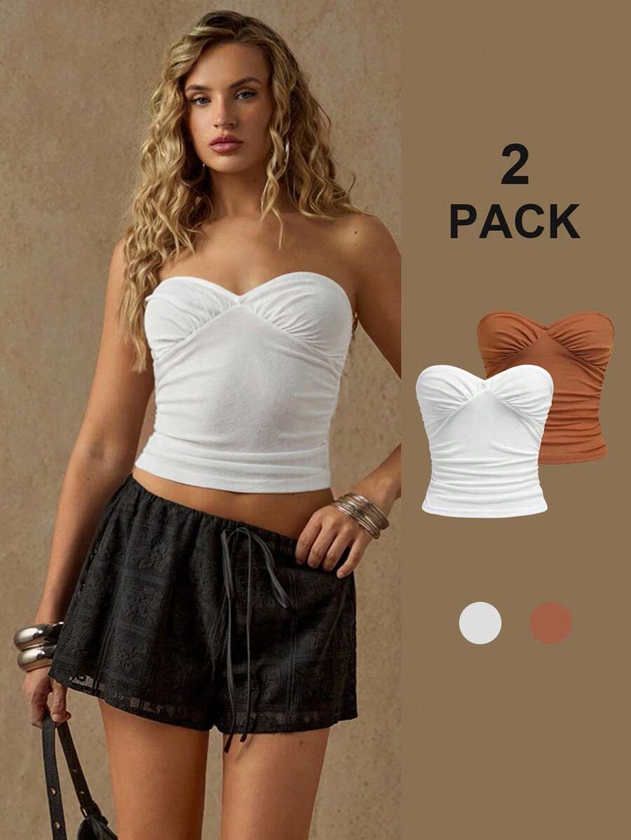 Glamine 2 piezas Parte superior tipo camiseta con pliegues de color liso minimalista de verano para mujer - Multicolor - Ver 1