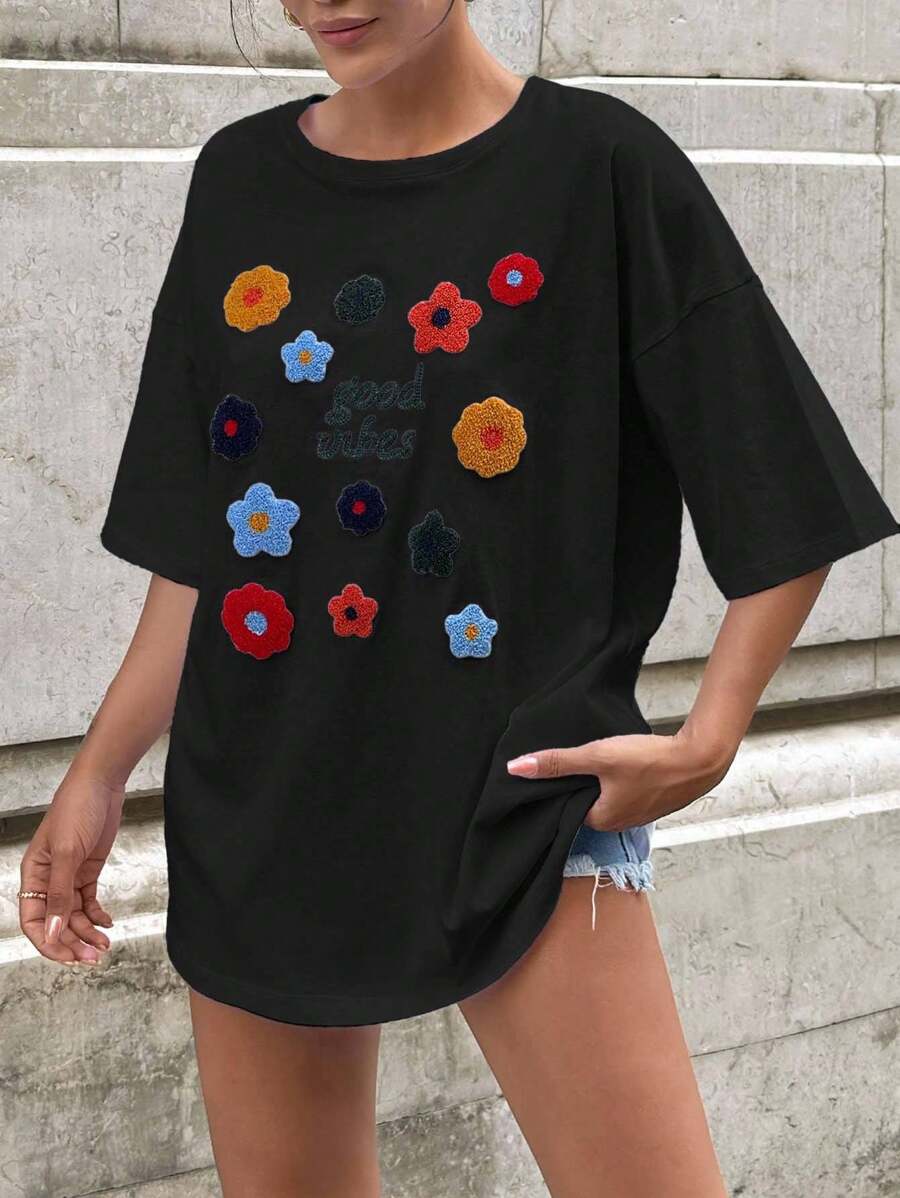 SHEIN Cottnline 女士刺绣细节大码 T 恤 - 黑色 - 查看 1