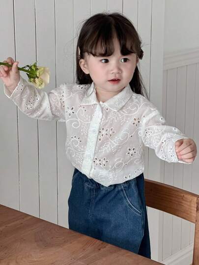 Dazy Kids Baby Girl Solid Color Schiffy Loose Shoulder Half See-Through Blouse, For Spring, Summer & Autumn,Toddler Fall Clothes