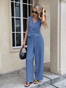 SHEIN Frenchy 2 pezzi Tuta casual da donna a tinta unita: Gilet e pantaloni lunghi