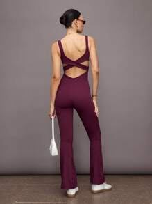 Activina 纯色露背无袖紧身运动连体裤 - 酒紅色 - 查看 2