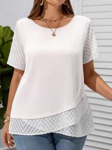 EMERY ROSE White Plus Size Casual Top With Mesh Short Sleeves And Round Neckline,Teacher Shirts - White - View 1