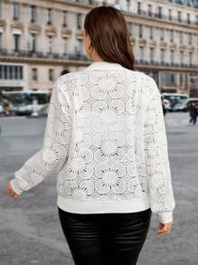 SHEIN Clasi Plus Size Women Spring Casual Lace Zip-Up White Jacket, Back To School Homecoming Business Country Concert Country Old Money