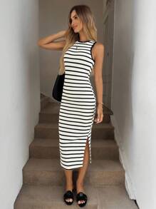 Easowa Black & White Striped Slim Side Slit Mid-Length Dress, Casual Vacation & Office Outfit, Spring/Summer Business Casual Woman Cute Summer Dress,Vacation Outfits Women - Black and White - View 3