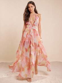 L'Amorae Women's Summer Elegant Allover Print Ruffle Trim Halter Backless Dress - Multicolor - View 4