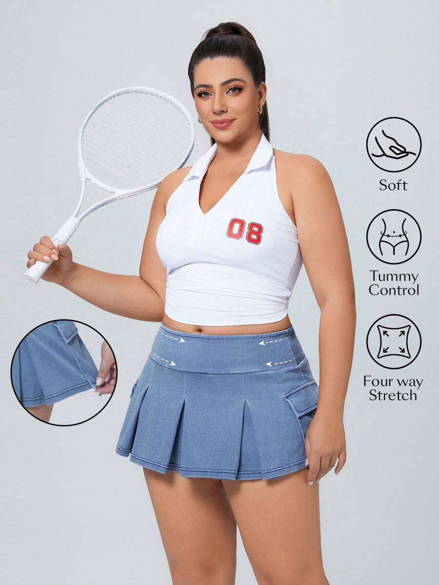 Flexra Váy mini thể thao denim co giãn cao cỡ lớn cho nữ, nhẹ, có túi - Rửa trung bình - Xem 1