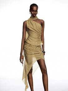 LYSMO 2025新款绿色高领围巾系带不对称单肩纹理面料收腰A字露脐上衣。复古风，大胆前卫，网纱拼接设计。 - 橄欖綠 - 查看 7