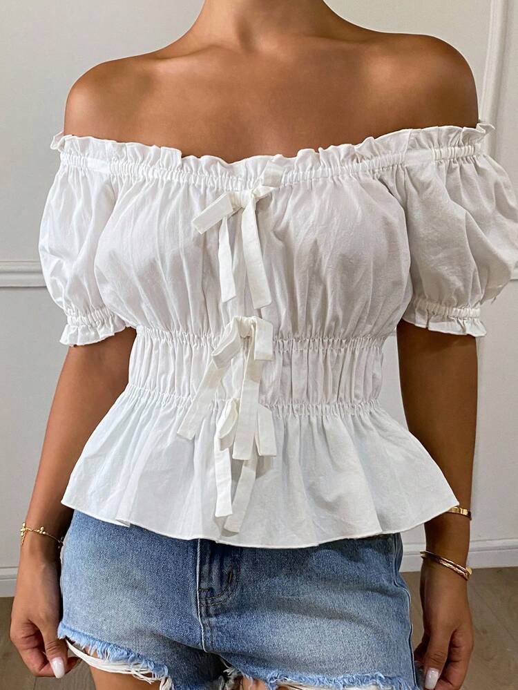 New Autumn Back To School White Off Shoulder Short Sleeve Blouse For Women,Babydoll Top