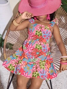 SHEIN Tween Girls Casual Vacation Flared Mini Dress With Tropical Print And Keyhole Back