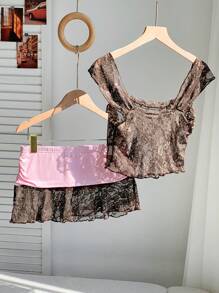 Comfortcana 女士时尚蕾丝透明蝴蝶结装饰上衣和撞色迷你裙两件套，夏季 - 棕色 - 查看 3