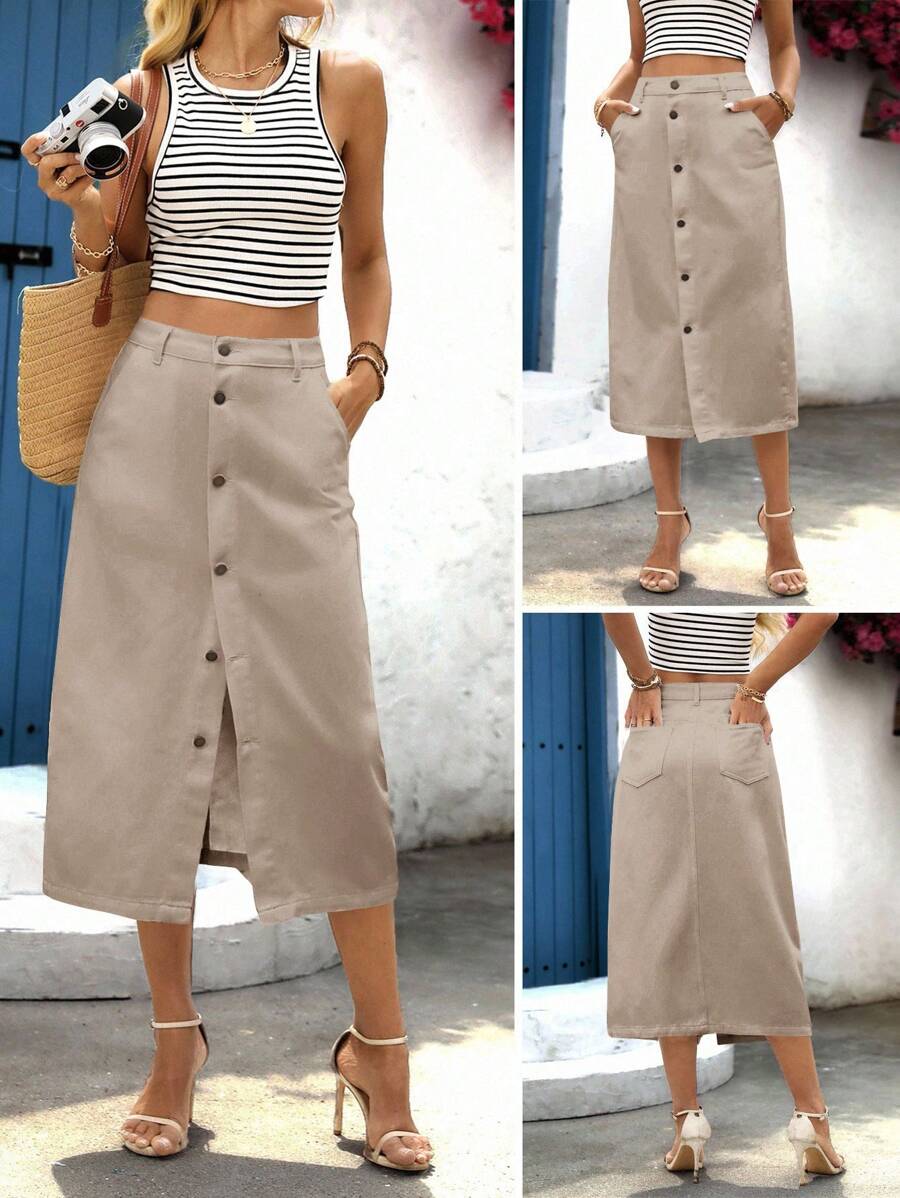 Breezaya Women Street Fashion Button Pocket Denim Mini Skirt - Apricot - View 1
