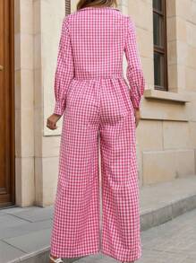INAWLY Plus Size Plaid Print Button Front Casual Long Sleeve Jumpsuit - Pink - View 2