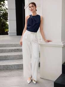 BizChic Navy Blue,Elegant,Office,Summer Shoulder Ruched Metal Decor Round Neck Sleeveless Satin Top,Urban Commute Versatile 90s Retro Wedding Guest Party - Navy Blue - View 2