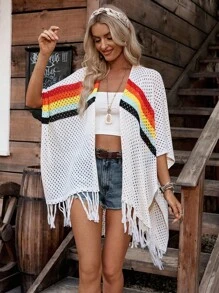 LanaWest Cardigan Casual Feminino de Tricô Aberto Fino com Listras Arco-íris e Vazado - Damasco - Visão 4