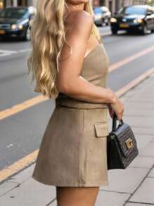 SHEIN Essnce Women Casual Commuting Bandeau Top And Pleated Skirt Set - Coffee Brown - View 3