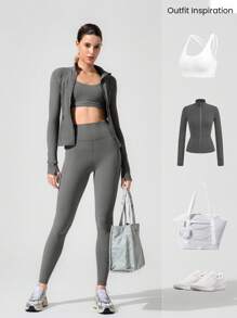 GLOWMODE Mallas de cintura ultra alta de 28" con tecnología FeatherFit™, diseñadas para absorber el sudor, sin costuras interiores, de estiramiento, con bolsillos laterales, aptas para yoga, pilates, barre y uso diario casual de bajo impacto - Gris Oscuro - Ver 8