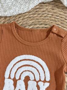 Loomiva Newborn Baby Rainbow Pattern Knitted Soft Round Neck Short Sleeve Top And Elastic Waist Shorts 2 Pieces Set Brown,Summer,Casual,Family Matching Outfit - Khaki - View 3
