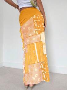 Chiquease Falda de mujer elegante para vacaciones, estilo bohemio, de tela de red con estampado y color liso con abertura - Amarillo - Ver 2