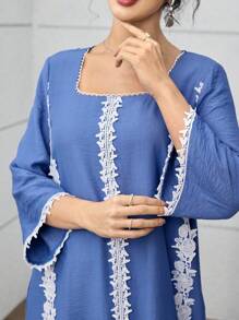 Yasmyna Spring Summer Square Neck Floral Trim Dress