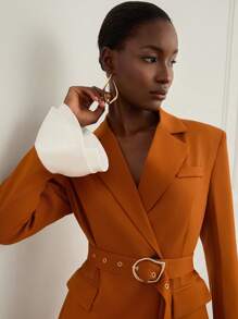 Aveloria Modichic 女式荷叶边袖口拼接披肩翻领腰带阔腿长袖西装套装 - 橘色 - 查看 6
