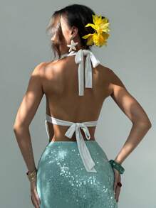 Aloruh Backless Tie Bow Neck Floral Print Elegant Vacation Tank Top - White - View 3