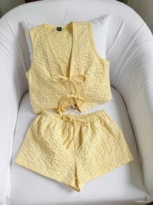 Comfortcana Women's Summer Clothing Light Yellow Woven Sleeveless Top Open Collared Tie And Shorts Casual Cute Two Piece Set Suitable For Summer Vacation Seaside - Yellow - View 5