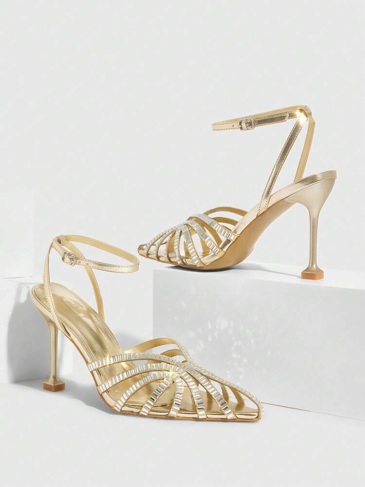 CUCCOO SZL Women Shoes New European And American Fashion Lace-Up Combination Inlaid With Rhinestones Hollow Lace-Up Pointed High-Heeled Sandals, Versatile, Comfortable, Lightweight, Simple And High-End Temperament Elegant And Sexy Shoes Spring Shoes