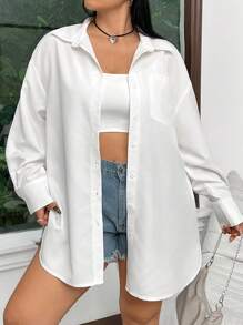 SHEIN EZwear Camisa Feminina Plus Size Com Bolso De Ombro Em Cor Sólida - Branco - View 13